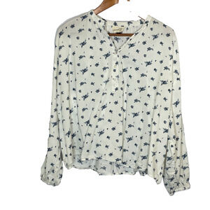 Women's Large Universal Thread White Floral Print Button Front Popover Blouse